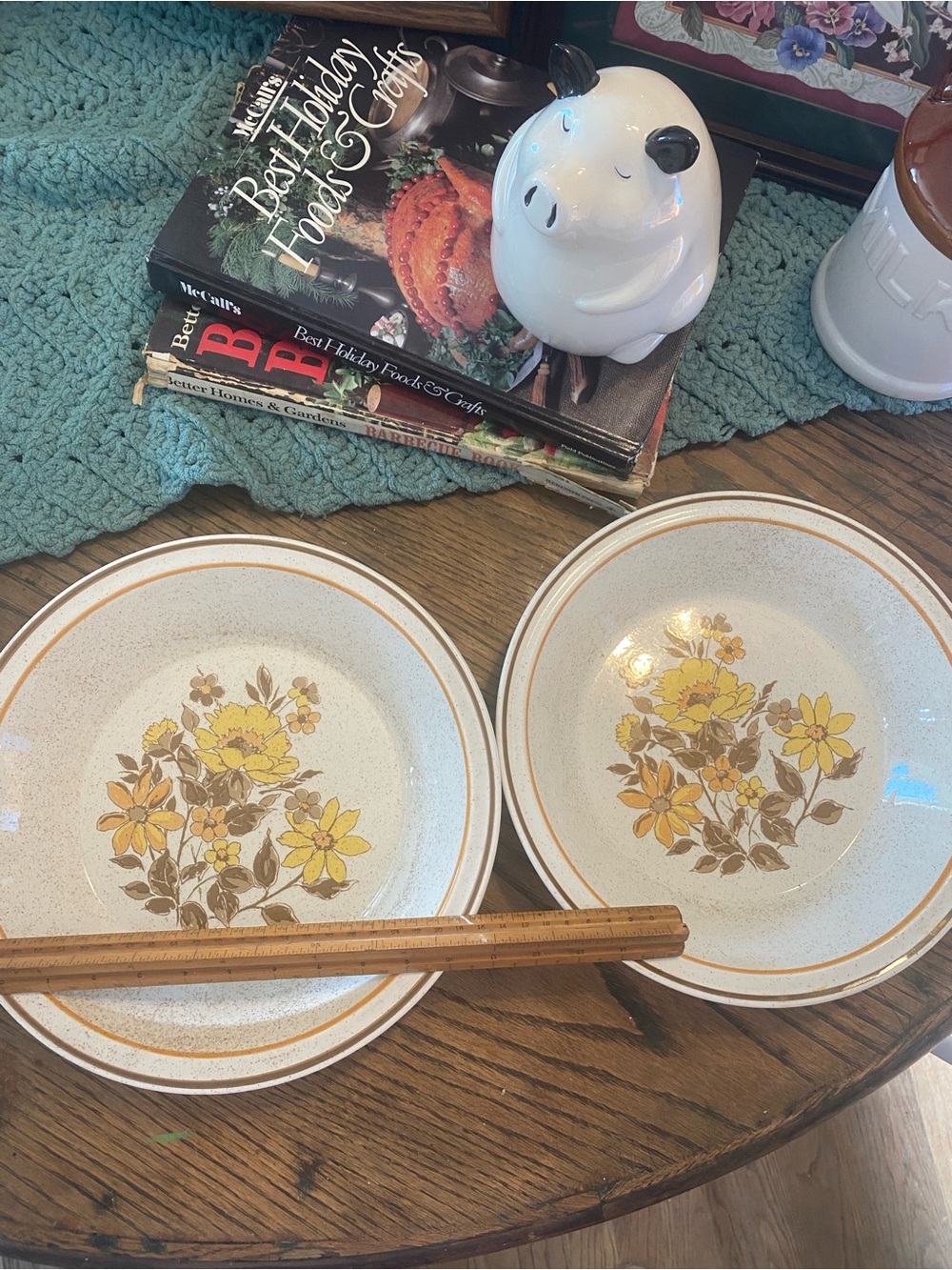 Vintage Floral Stoneware Dinner Bowls in Yellow by